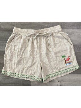 Mavrans Flamingo Beach Linen Shorts Beige Embroidery Tropical Resort $109 Medium